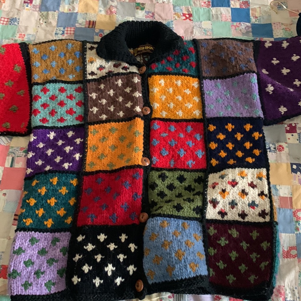 Granny Square Hand Knit Vintage Wool Cardigan Sweater Colorful